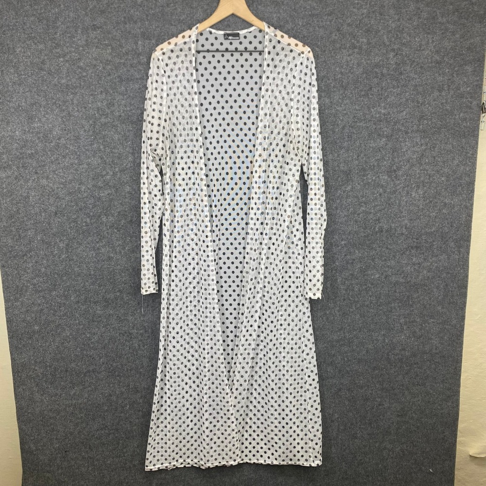 NY Invasion Womens Sheer Mesh Polka Dot Duster Cardigan White Black Longline L